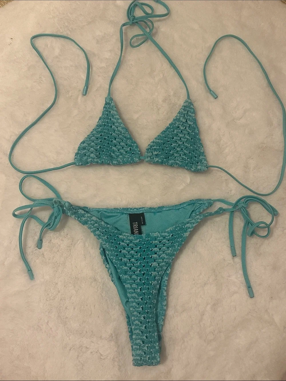 triangl swimwear teal crochet triangle bikini set